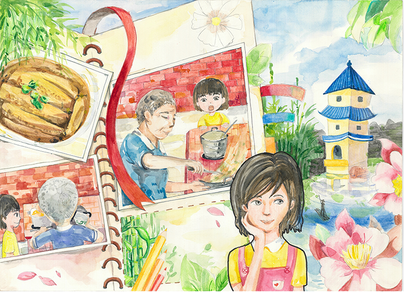 戀戀家鄉味。謝旻樺繪。2015新移民子女創作比賽「多元台灣我的家」繪畫類國中組特優獎作品。賽珍珠基金會提供