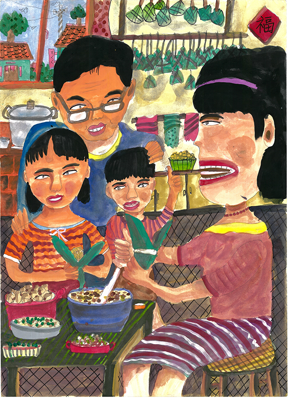 母愛粽香。李宜庭繪。2015新移民子女創作比賽「多元台灣我的家」繪畫類國小高年級組特優獎作品。賽珍珠基金會提供