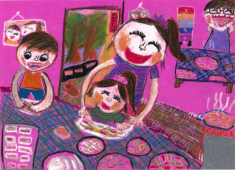 快樂•做春捲。李冠臻繪。2015新移民子女創作比賽「多元台灣我的家」繪畫類國小中年級組特優獎作品。賽珍珠基金會提供 