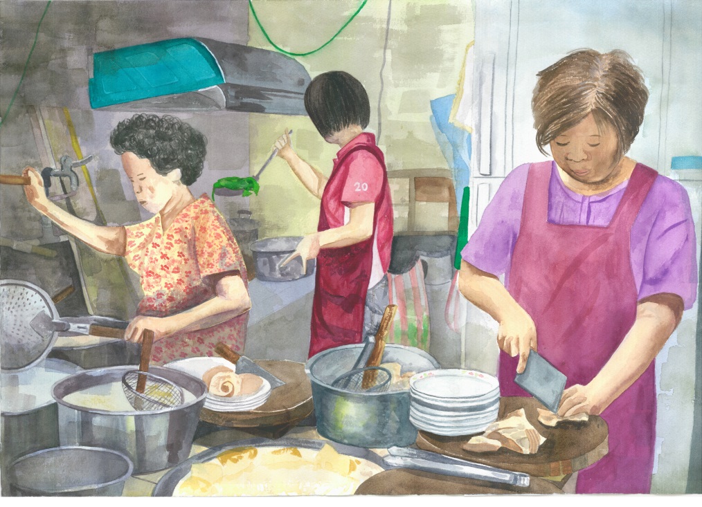 2016新移民子女創作比賽繪畫國中組特優獎：忙碌的廚房。得獎者曾子晴（新北市福和國中九年級）。賽珍珠基金會提供
